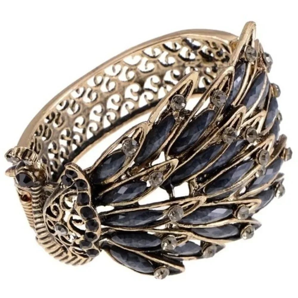 Antique Gold and Black Onyx Crystal Peacock Hinged Cuff Bracelet Bangle